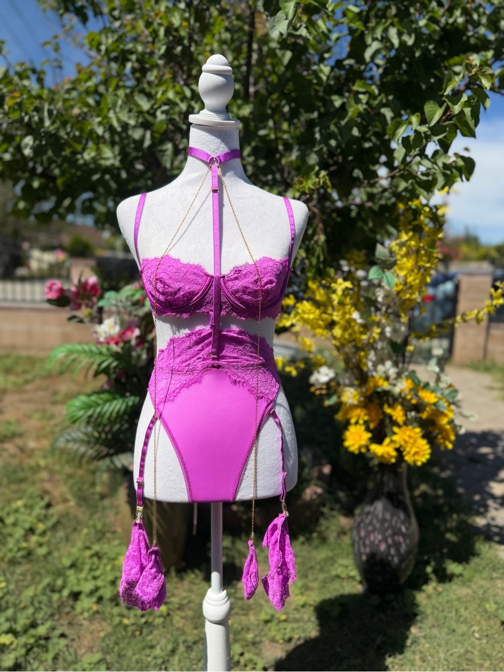 Othr Fuchsia Lace Bustier Garter Set